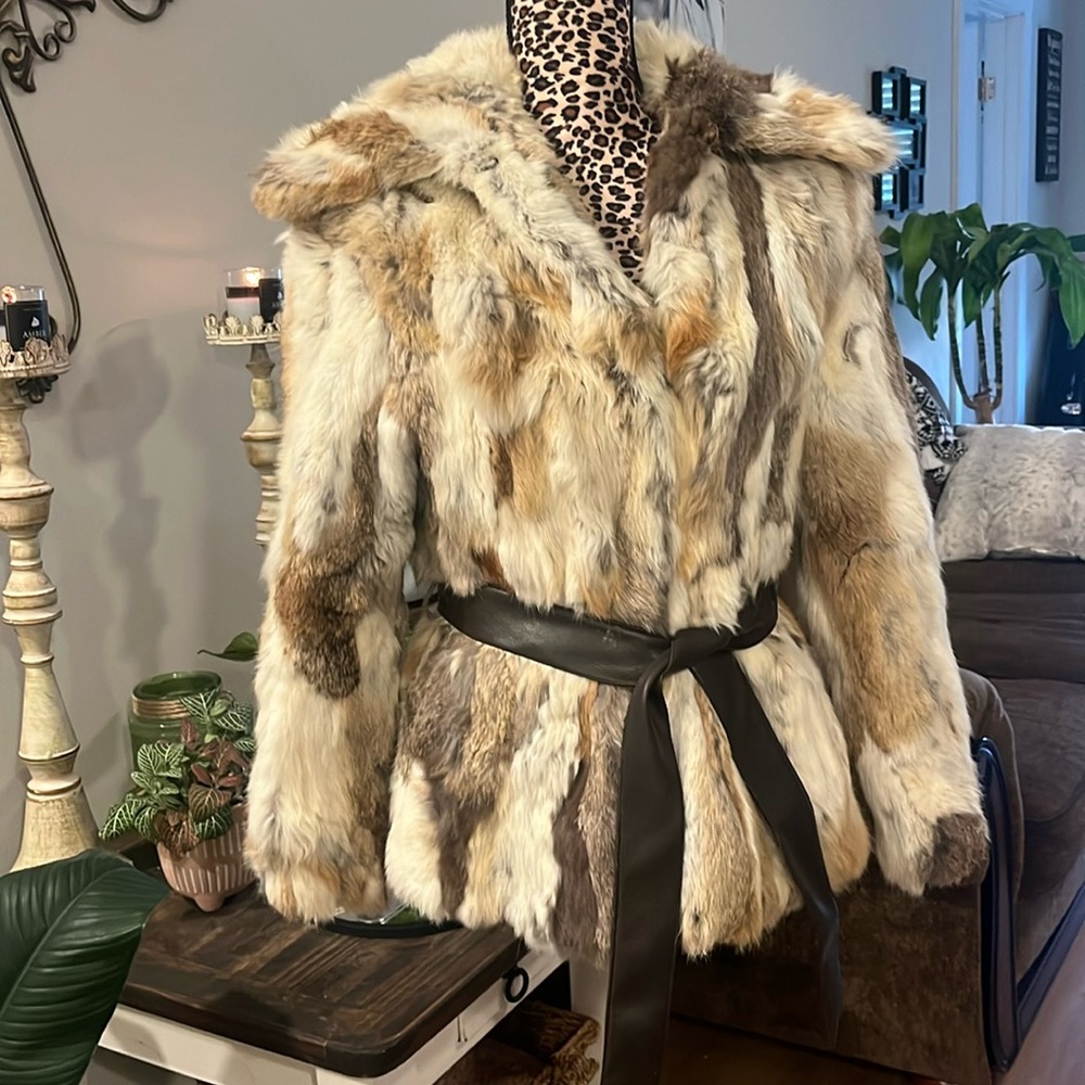 Vintage Genuine Rabbit Fur Coat w/ Brown Leather Belt
